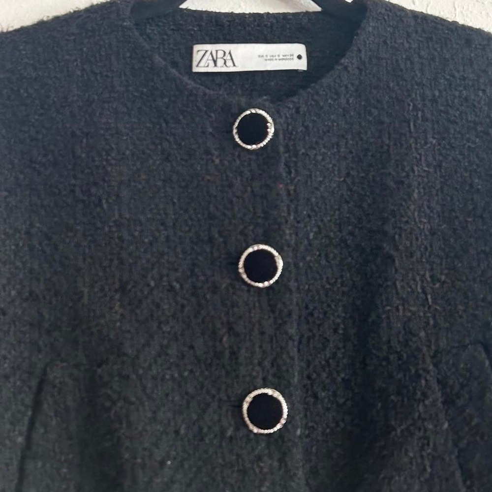 Whimsigoth Coquette Tweed Bomber Jacket Zara Black Textured Jewel Button Crop S - Picture 3 of 8